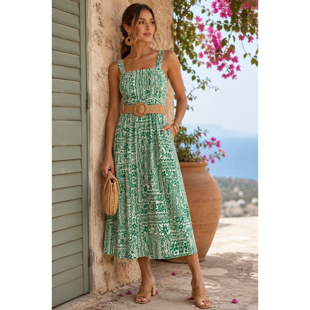 Eliza J Green Print Midi Dress Women's 8 Belted Sleeveless Cotton Resort Garden